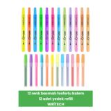12 renk basmalı fosforlu kalem 12 adet yedek refill WRİTECH
