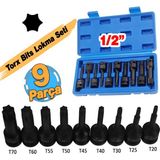 1/2" Torx Bits Lokma Seti 9 Parça T20 T25 T30 T40 T45 T50 T55 T60 T70 Cr-Mo Uzunluk:78 mm Tork - Siyah