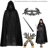 120 cm Kapüşonlu Siyah Pelerin + Asa + Dantel Maske + Uzun Dantel Siyah Eldiven Kostüm Seti (5639)
