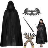 120 Cm Kapüşonlu Siyah Pelerin + Asa + Dantel Maske + Uzun Dantel Siyah Eldiven Kostüm Seti