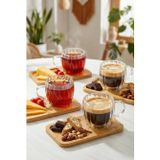 120 ml 4lü 8 Parça Çift Cidarlı Bardak ve Bambu Tabaklı Espresso Fincan Takımı