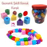 120 Parça Geometrik Şekiller Ipe Boncuk Dizme Koordinasyon Renk Algı Oyunu Büyük Boy Boncuk