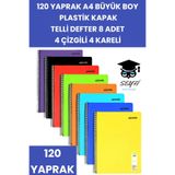 120 Yaprak A4 Telli Defter 8 Adet 4 Çizgili 4 Kareli Plastik Kapak