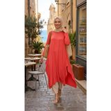 1220_ASIMETRIK Kesim Plistre Tesettür Tunik - L - XL - Nar Çiçeği