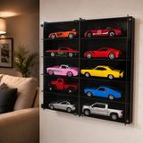 1:24 Araba Sergileme Vitrini Ahşap Duvar Rafı Pleksi Kapaklı Koleksiyon Kutusu Model Araç Display Case 10 Bölmeli - Siyah