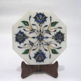 12,7 x 12,7 cm Beyaz Mermer Servis Altlığı | Mutfak Dekoru için Yemek Tabağı | Noel için Sekizgen Mermer Hediye | Değerli Taş Kakma ile El Yapımı Çaydanlık Cum Kettle Standı
