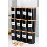 12'Li 250 ml Vakumlu Bambu Ahşap Kapaklı Kaşıklı Siyah Baharatlık Etiketli