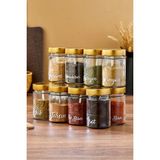 12'li 350 ml Metal Kapaklı Baharat Saklama Kabı Cam Kavanoz(Plastik Kaşık/ Etiket Dahil) - Gold