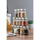 12'li 350 ml Metal Kapaklı Baharat Saklama Kabı Cam Kavanoz(Plastik Kaşık/ Etiket Dahil) - Gümüş