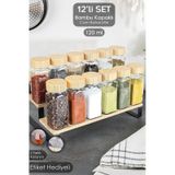 12'li Bambu Kapaklı Cam Baharatlık Seti - Etiketli Tuzluk Biberlik Köşeli Baharat Takımı 120 Ml ŞEffaf