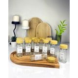 12'li Cam Bambu Kapaklı Modern Kare Baharatlık Seti (14 Adet Etiket Ile) - 120 ml