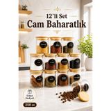 12'li Çizgili Cam Baharatlık Etiket Ahşap Kapaklı Baharat Saklama Kabı