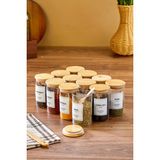 12'li Etiketli 250ML Bambu Vakum Kapaklı Borosilikat Cam Baharatlık Saklama Kabı Seti(Kaşık Dahil) - Şeffaf Ahşap - 250 ml