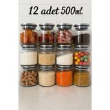 12'li Metal Kapaklı 500 ml Vakumlu Baharatlık Seti - Saklama Kabı -Kavanoz-Etiketli - Şeffaf - Gri - 12 Adet