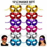 12'li Metalik Venedik Toptan Parti Maskesi Seti – 6 Renk Karışık (5264)