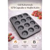 12'li Muffin & Cupcake Kalıbı - 12'li Gül Kabartmalı Muffin Kalıbı - Elçi Home