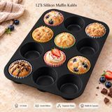 12'Li Silikon Muffin Kalıbı Siyah Cupcake Mini Kek Browni Kurabiye Tatlı Pişirme Tepsisi Esnek Tek Parça Yuvarlak Bölmeli Porsiyonluk İkram Hazırlama Pastacılık Malzemesi Mutfak Gereci