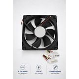 12V 12CM Kare Kasa Fanı - 120MM Sessiz Siyah Molex + 4 Pin Soketli Yeni Model