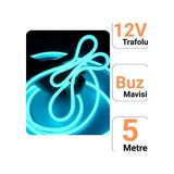 12V 5 Neon LED Şerit Işık | Prize Tak Çalıştır | Anahtarlı Fişli 1.5m Kablo | Esnek Silikonlu LED - Buz Mavisi