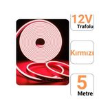 12V 5 Neon LED Şerit Işık | Prize Tak Çalıştır | Anahtarlı Fişli 1.5m Kablo | Esnek Silikonlu LED - Kırmızı