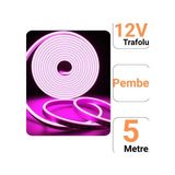 12V 5 Neon LED Şerit Işık | Prize Tak Çalıştır | Anahtarlı Fişli 1.5m Kablo | Esnek Silikonlu LED - Pembe