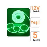 12V 5 Neon LED Şerit Işık | Prize Tak Çalıştır | Anahtarlı Fişli 1.5m Kablo | Esnek Silikonlu LED - Yeşil
