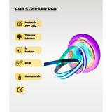 12V Cob Şerit LED Rgb - Kumandalı - Metrede 360 LED - 5 Metre