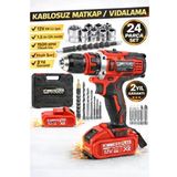 12V Metal Şanzıman Şarjlı Matkap 24 Parça Akülü Vidalama Akülü Matkap Seti Kırmızı Renk
