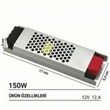 12V Ultra Slim Sessiz Şerit LED Trafosu - Cata Metal Kasa İnce Tasarım Klemensli Adaptör (5A / 12.5A / 17A / 21A / 30A Seçenekleri), IP20 İç Mekan (12,5 Amper)