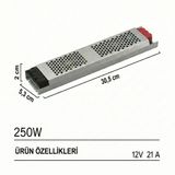 12V Ultra Slim Sessiz Şerit LED Trafosu - Cata Metal Kasa İnce Tasarım Klemensli Adaptör (5A / 12.5A / 17A / 21A / 30A Seçenekleri), IP20 İç Mekan (21 Amper)