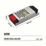 12V Ultra Slim Sessiz Şerit LED Trafosu - Cata Metal Kasa İnce Tasarım Klemensli Adaptör (5A / 12.5A / 17A / 21A / 30A Seçenekleri), IP20 İç Mekan (5 Amper)
