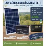 12W Güneş Enerji Sistemi Seti Telefon Şarjlı Taşınabilir Solar Aydınlatma Paketi 7Ah Akü 10A Şarj Kontrol Cihazı 2 Led Ampul