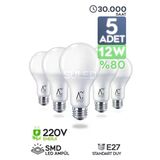 12W Led Ampül 5'Li Paket E27 Beyaz Işık Güçlü Aydınlatma Smd Led 6500K Tasarruflu Lamba