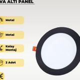 12W Siyah Sıva Altı Yuvarlak Slim Led Panel 6500K Beyaz Işık 2 Adet