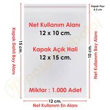 12X10+5 Cm. (12X15) 1.000 Adet - Şeffaf Bantlı Yapışkanlı Opp Jelatin Poşet
