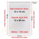 12X15+5 Cm. (12X20) 100 Adet - Şeffaf Bantlı Yapışkanlı Opp Jelatin Poşet