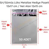 12x17 cm Gümüş Renk Bantlı Lüks Metalize Hediyelik Poşet (50 Adet)