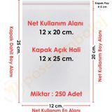 12X20+5 Cm.(12X25) 250 Adet Şeffaf Bantlı Yapışkanlı Opp Poşet