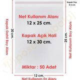 12x25+5 cm.(12x30) 50 Adet Şeffaf Bantlı Yapışkanlı OPP Poşet