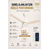 132 cm Akıllı Tavan Vantilatörü – Kumandalı & App Kontrollü – 6 Kademeli Sessiz LED Tavan Fanı – 3 Işık Modlu – Yaz/Kış Modu (Beyaz KırıkBeyaz)