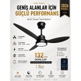 132 cm Akıllı Tavan Vantilatörü – Kumandalı & App Kontrollü – 6 Kademeli Sessiz LED Tavan Fanı – 3 Işık Modlu – Yaz/Kış Modu (Siyah - Siyah)