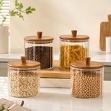 1380 ML Borosilikat Cam Kavanoz 4’lü Set, Ahşap Kapaklı Şeffaf Erzak Saklama Kabı, Kahve Makarna Bakliyat ve Kuru Gıda İçin Mutfak Düzenleyici Kavanoz Seti