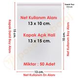 13x10+5 cm.(13x15) 50 Adet Şeffaf Bantlı Yapışkanlı OPP Poşet