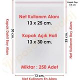 13x25+5 cm.(13x30) 250 Adet Şeffaf Bantlı Yapışkanlı OPP Poşet