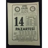 14 Eylül 1981 Pazartesi Sönmez Takvimi Yaprağı (Sahafiye Kitap)