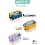 1400 Ml İki Kat Üç Bölme Paslanmaz Çelik Lunch Box Yeni Nesil Sefer Tası - Kaşıkçatallı -1400462