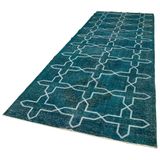 140x402 cm Geometrik Halı Turkuaz Geometrik Yün El Dokuma Modern Geometrik Etnik Eskitme Desenli Boho Oturma Odası Salon Yolluk Koridor Mutfak Halısı