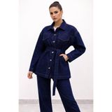 1434 Polo State Kadın Belden Kemerli Oversize Denim Ceket Pantolon Takım – Lacivert