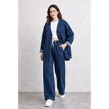 1434 Polo State Kadın Oversize Denim Takım Bol Paça Pantolonlu Günlük Jean Takım Lacivert