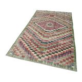 143x278 cm Kareli Kilim Yeşil Kareli Yün El Dokuma Modern Geometrik Etnik Eskitme Desenli Boho Oturma Odası Salon Yolluk Koridor Mutfak Halısı